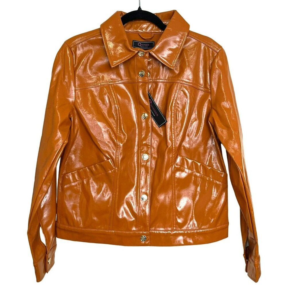 C Wonder Womens Faux Leather Jacket Medium Shiny Orange NEW